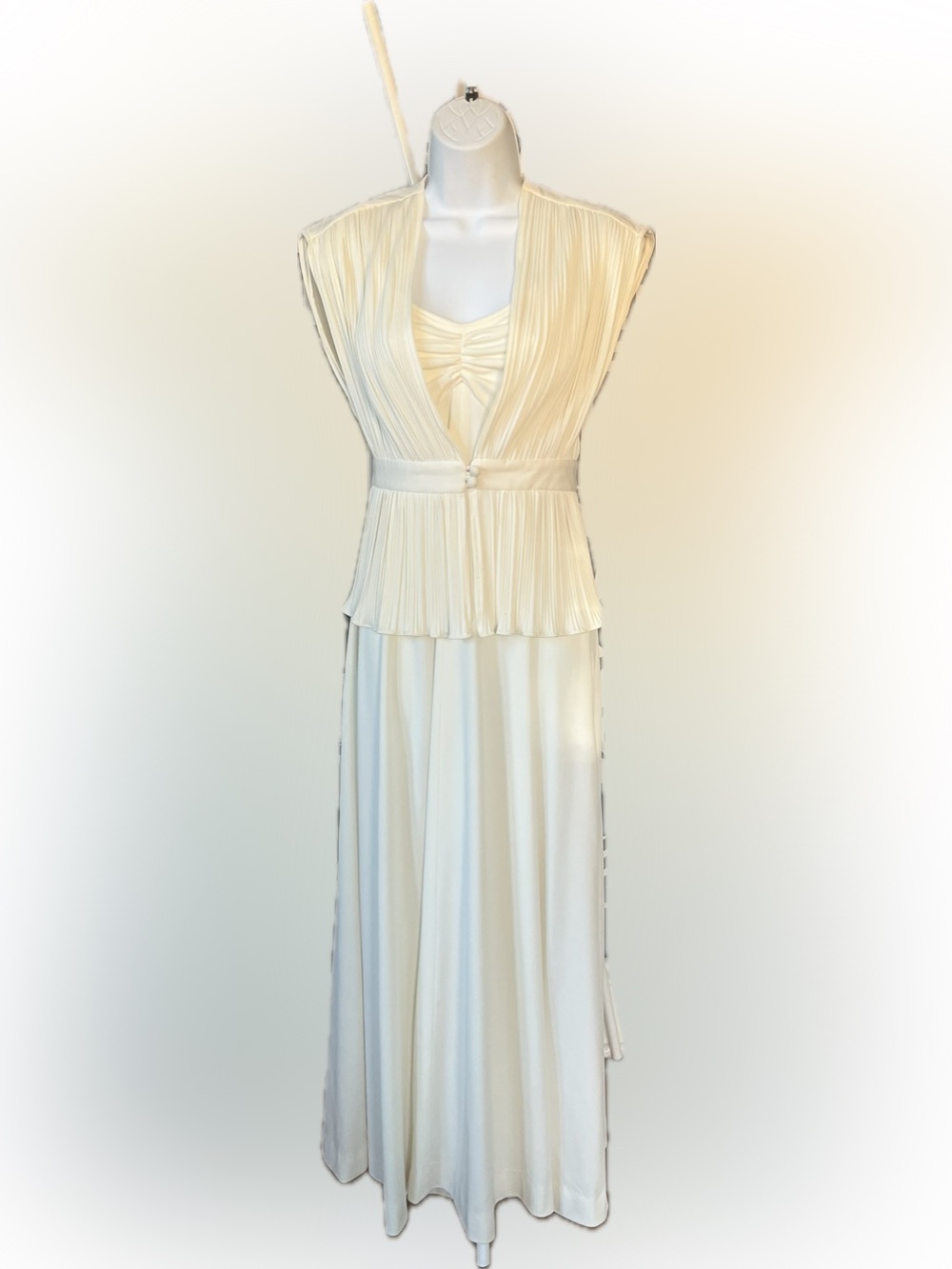 Vintage 70s 2-Piece Boho Flowy Cream Dress with Matching Pleated Vest Size S